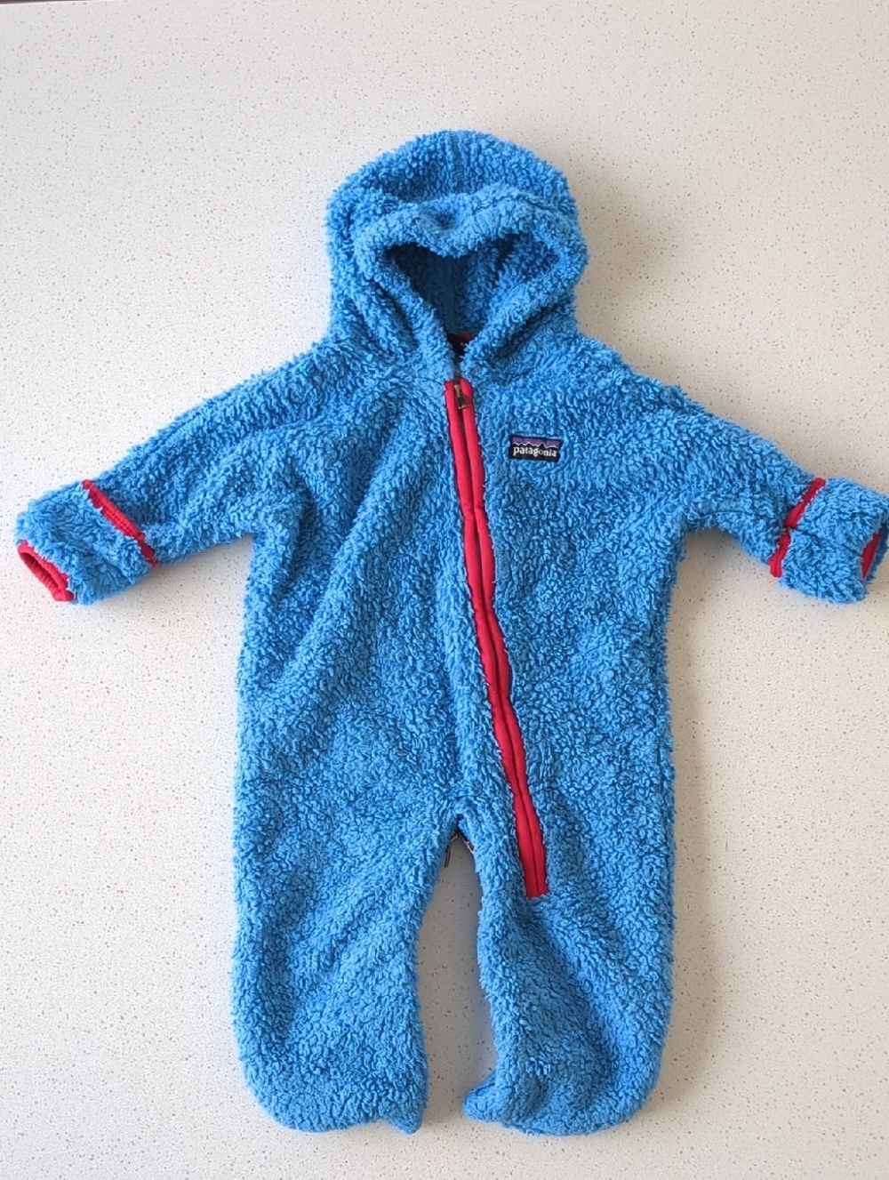 Patagonia Blue Fuzzy Hooded One-Piece with Red Zipper Trim
